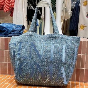 Gentlewoman Letter Sequin Washed Denim Tote Bag 2024 Bling Large Capacity Shoulder Bag