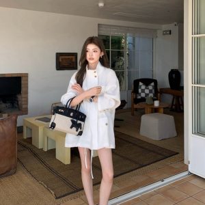 Hand-Stitched Swift Leather and Canvas Panda Color 25 Inch Birkin Style Tote Bag