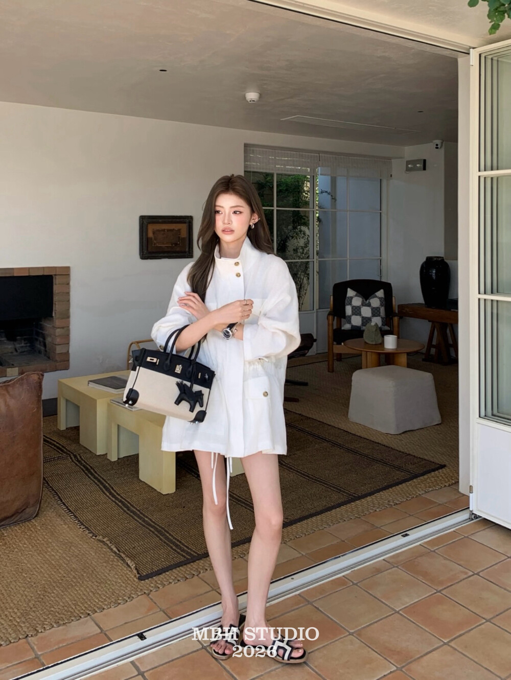 Hand-Stitched Swift Leather and Canvas Panda Color 25 Inch Birkin Style Tote Bag