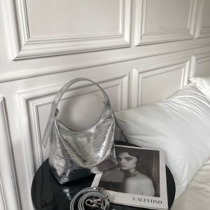 MBH Eel Texture Full Grain Leather Lunch Box Bag Silver Gunmetal Women Handbag with Shoulder Strap
