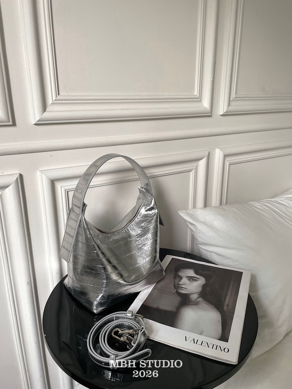 MBH Eel Texture Full Grain Leather Lunch Box Bag Silver Gunmetal Women Handbag with Shoulder Strap - Image 2