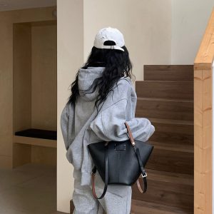 MBH Top Grain Litchi Pattern Leather Mini Bucket Bag Large Capacity Casual Shoulder Underarm Handbag