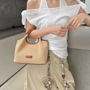 MBH Woven Basket Tote Bag with Storage Pouch - Open Top Hollow Design for Vacation