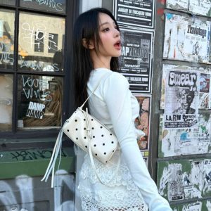 MBH Polka Dot Bucket Bag with Double Straps Cute One-Shoulder Bag