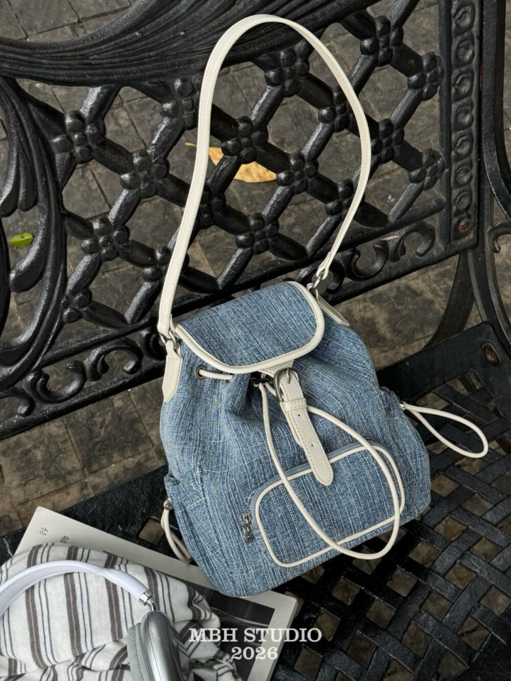 MBH Denim and Leather Convertible Travel Backpack Large Capacity Shoulder Bag with Strap - Image 3