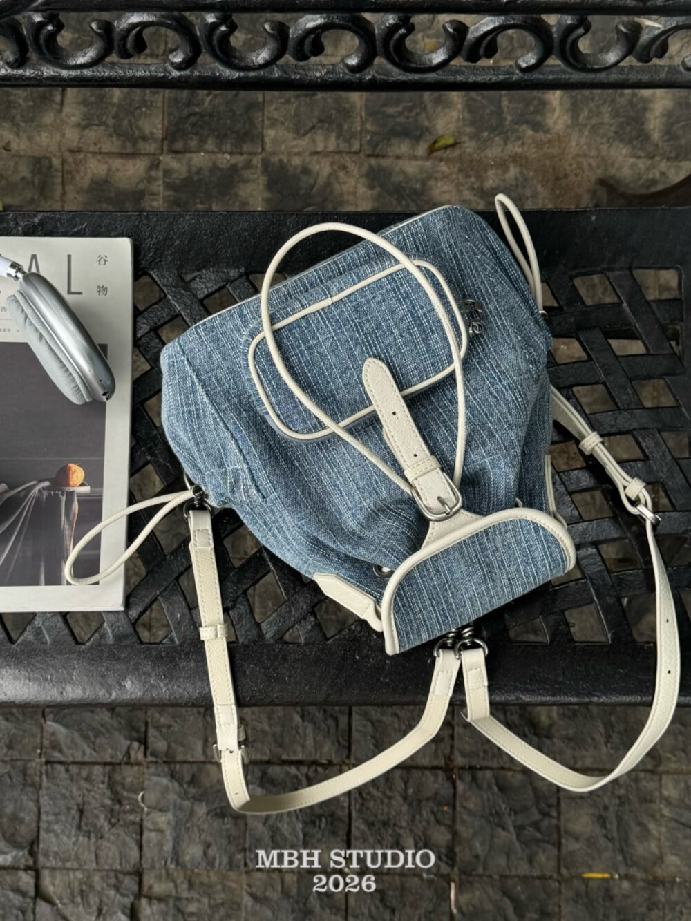 MBH Denim and Leather Convertible Travel Backpack Large Capacity Shoulder Bag with Strap - Image 2