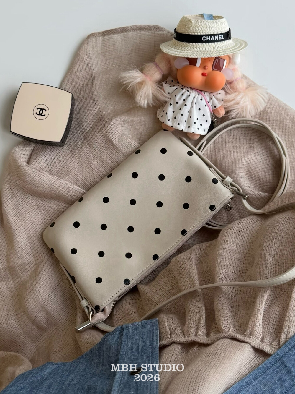 MBH Lambskin French Polka Dot Mahjong Bag Everyday Shoulder Bag with Strap - Image 2