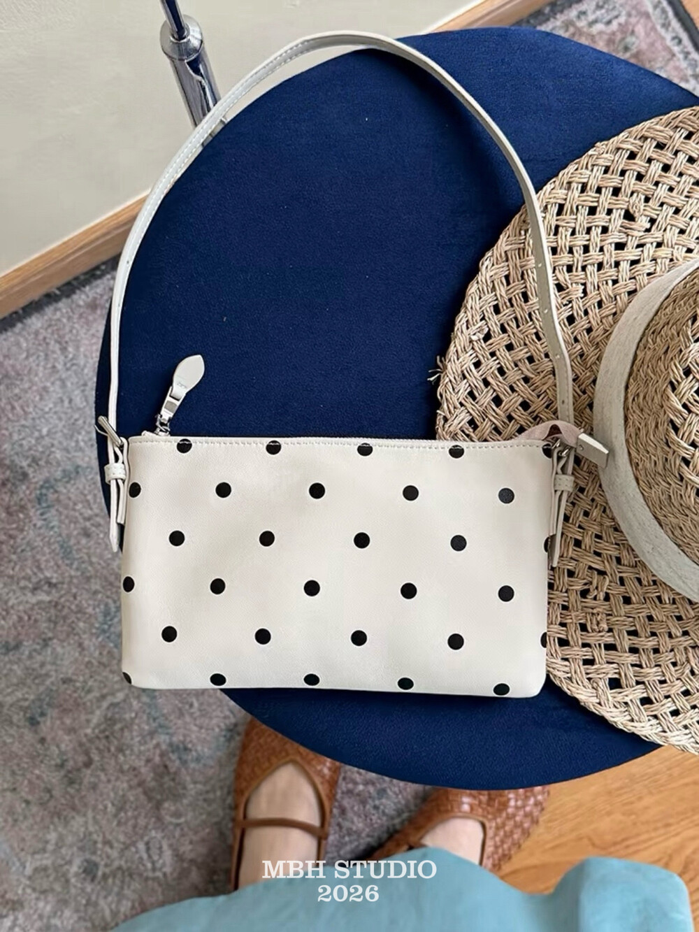 MBH Lambskin French Polka Dot Mahjong Bag Everyday Shoulder Bag with Strap - Image 3