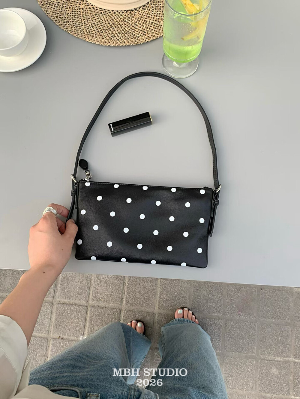 MBH Lambskin French Polka Dot Mahjong Bag Everyday Shoulder Bag with Strap