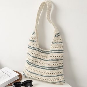 Korean Chic Knit Zip Lined One Shoulder Large Capacity Hollow Handwoven Bag