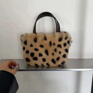 Leopard Print Rabbit Fur and Top Layer Cowhide Mini Tote Bag for Fall Winter