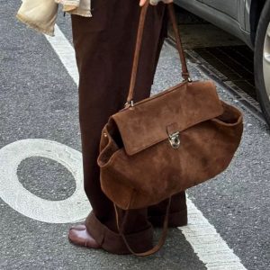 MBH Large Suede and Leather Tote Bag with Flap for Women