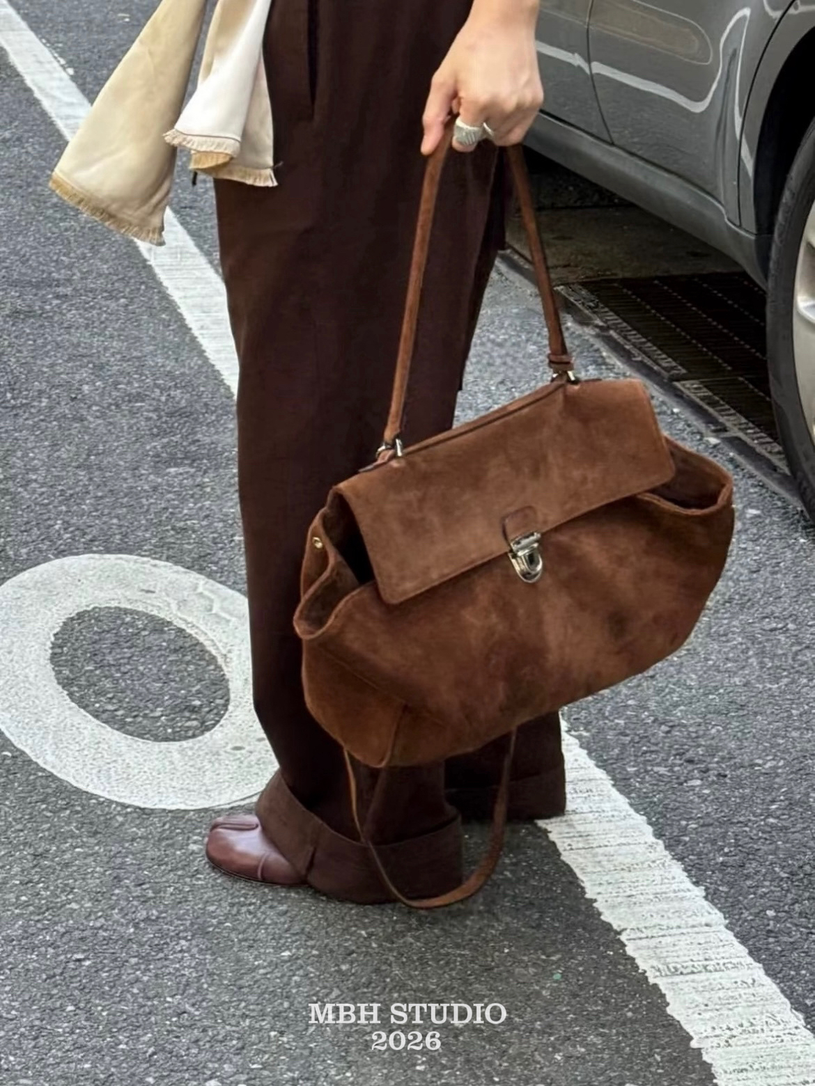 MBH Large Suede and Leather Tote Bag with Flap for Women